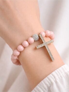 Gold Crystal Cross Pink Beaded Bracelet